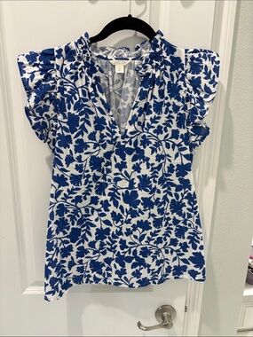 Caslon linen White Top with Blue Floral Print and Ruffle Sleeves